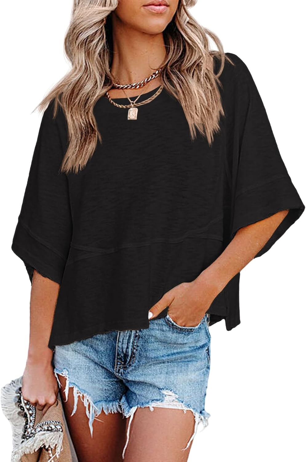Womens Summer Casual Half Sleeve T Shirts Loose Cute Flowy Babydoll Tops Oversized Boho Tees