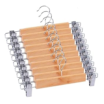 Ganpati Hangers Eco Friendly 50-Pack Natural Finish Wooden Pant Skirt Hangers with 2-Adjustable Anti-Rust Clips (50)