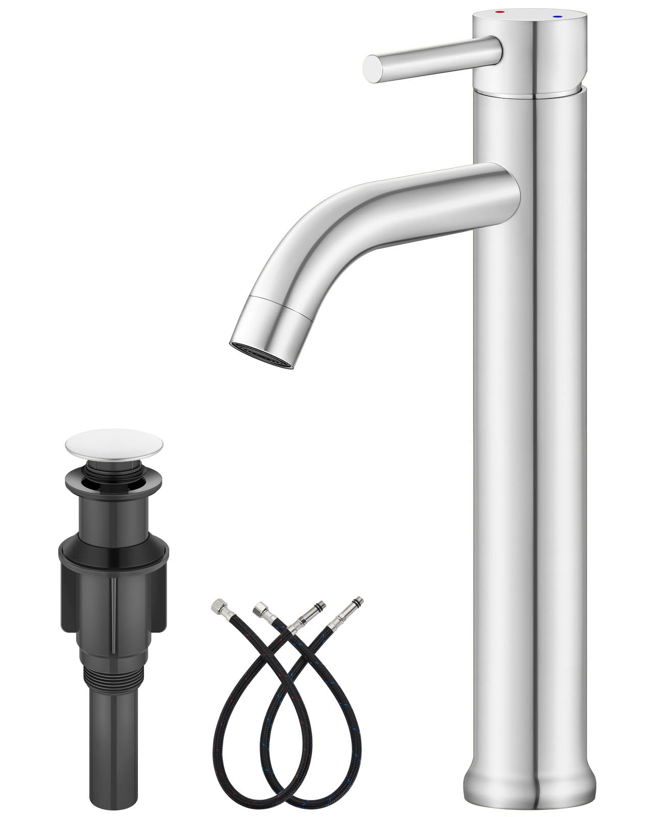 Sxithgkdw Polish Chrome Vessel Sink Faucet – Sus304 Stainless Steel Tall Bathroom Faucet,Single Lever Handle,1 Hole Bathroom Faucets With Supply Lines And Pop Up Drain,