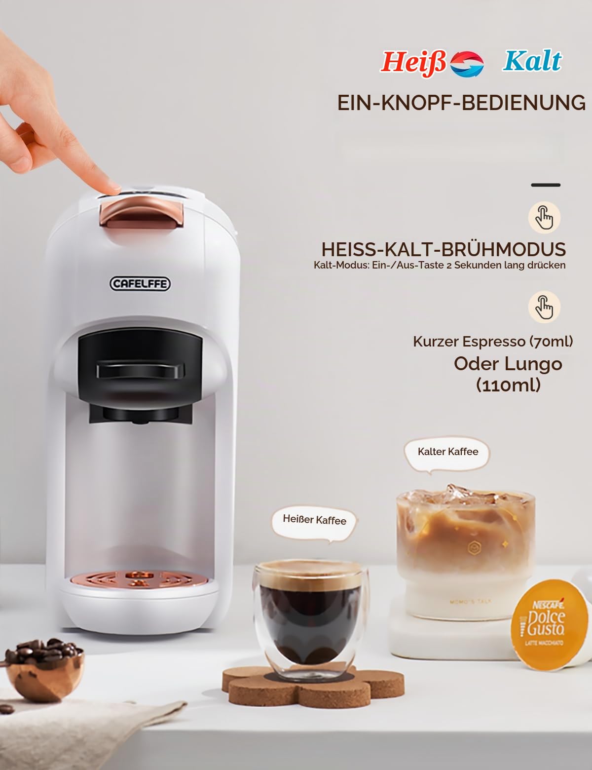 CAFELFFE 5-in-1-Kapsel kaffeemaschine MK606,Heiß-/Kaltbrüh,19 Bar, für Nec* Original-,DG*-, Kcup-Kapsel,ESE-Pads und Kaffeepulver,Erp2-Energiesparmodell,0,6L Wassertank,Weiß,Geschenke machen