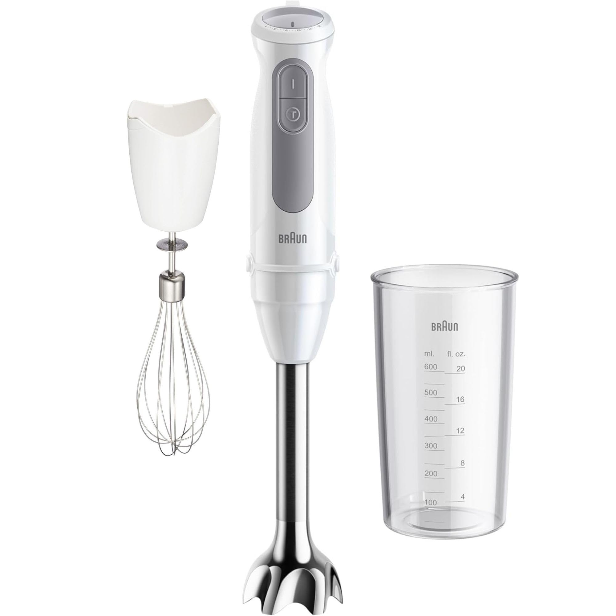Braun MultiQuick 5 Stabmixer MQ5200WH (1000 Watt) inkl. Mix- und Messbecher mit Braun MQ 40 Hack- und Standmixer-Aufsatz (1,25 Liter) in Weiß