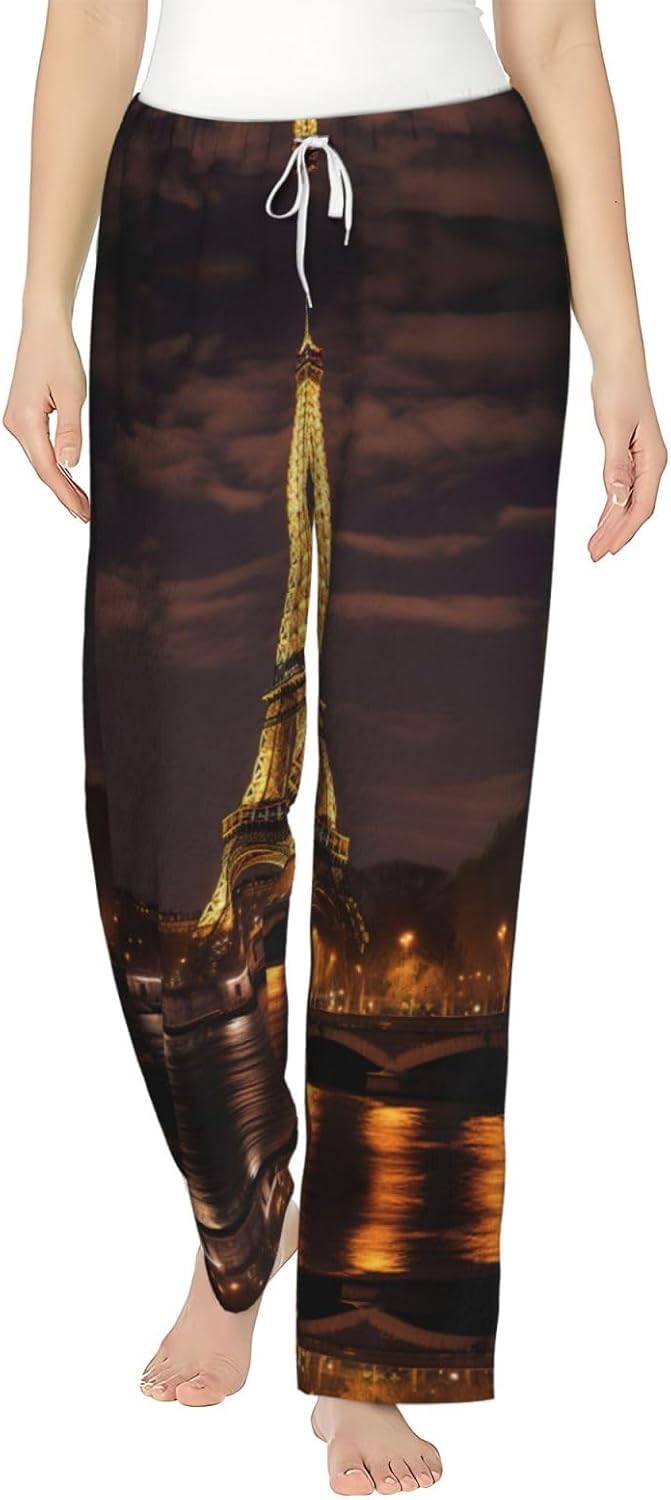 Eiffel Tower Print Cozy Flannel Pajama Pants For Women,Warm Christmas Pj Pants,Cute Fleece Pajamas