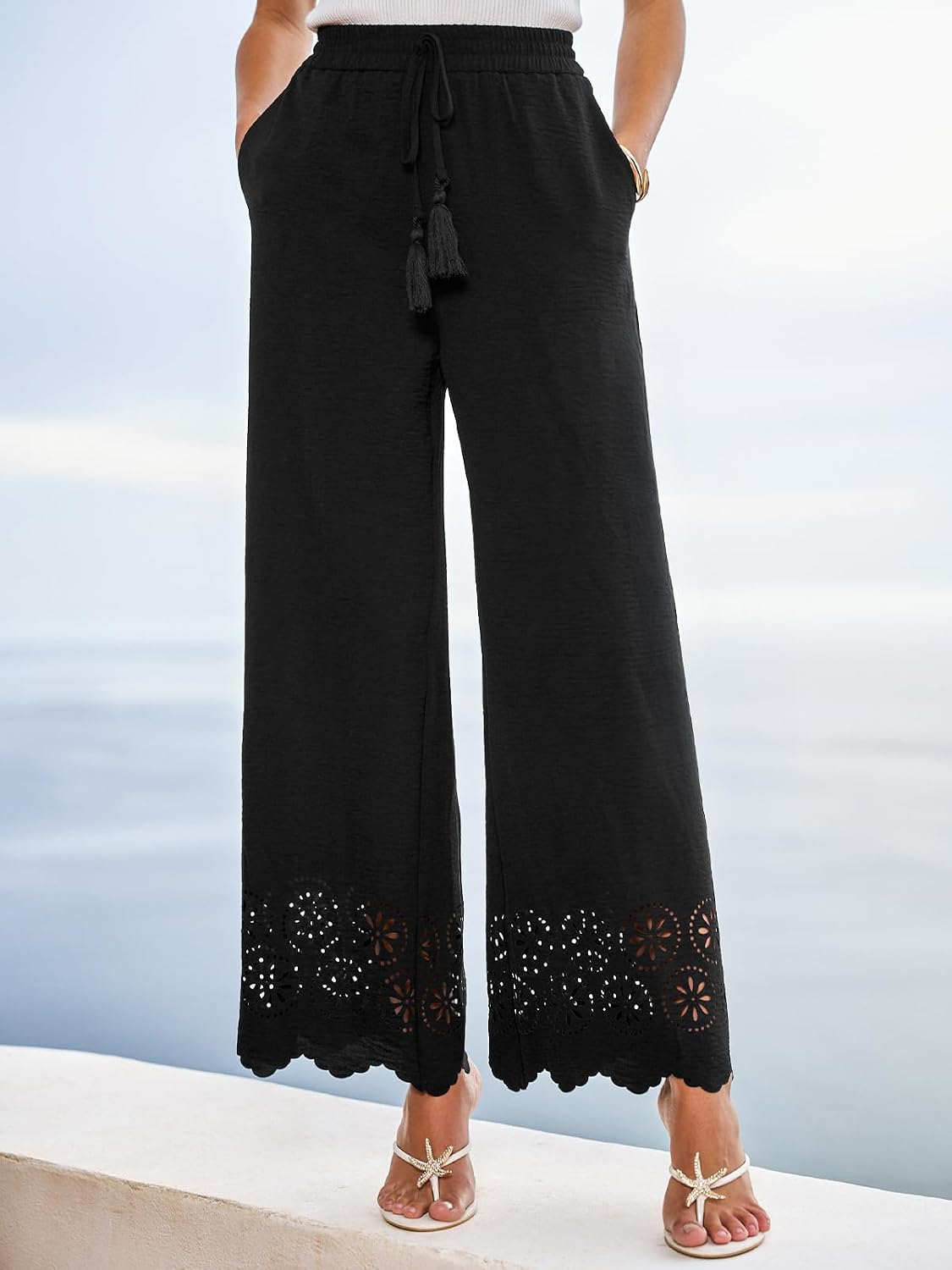 CUPSHE Women's Lace Trim Wide Leg Pants with Pockets | Smocked Elastic High Waist,Flowy Palazzo,Soft Breathable Fabric,Versatile for Casual Daily,Beach,Vacation