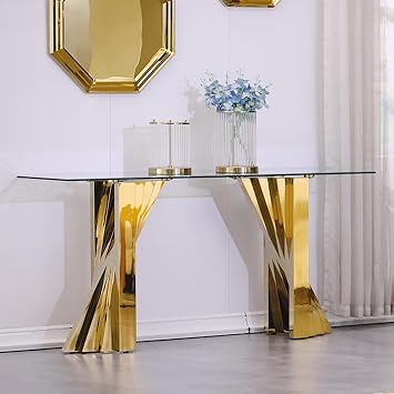 60" Gold Console Table, Polished Gold Entryway Table with Clear Tempered Glass Top, Modern Glam Sofa Table with Metal Frame for Living Room, Hallway, Entrance
