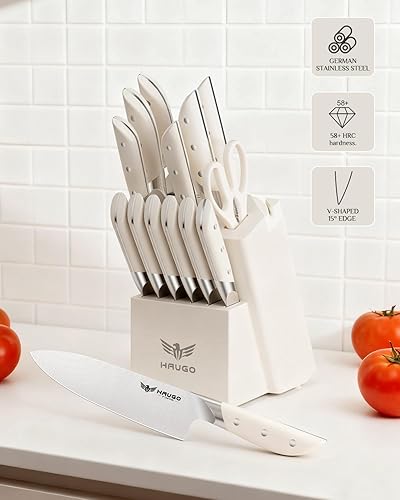 Miniatura 3 de Juego de cuchillos de cocina de acero inoxidable alemán de 14 piezas con bloque y afilador, juego de bloques de cuchillos de espiga completa y mango