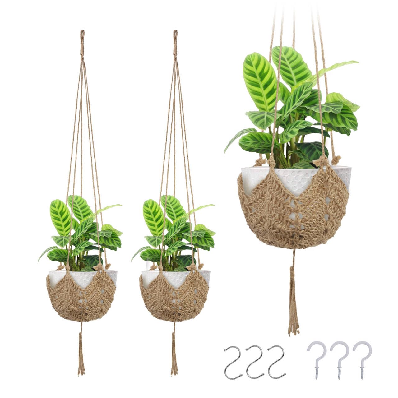 Suspension plante macramé en jute (lot de 3) pour pots de 7 à 30 cm avec crochets de fixation