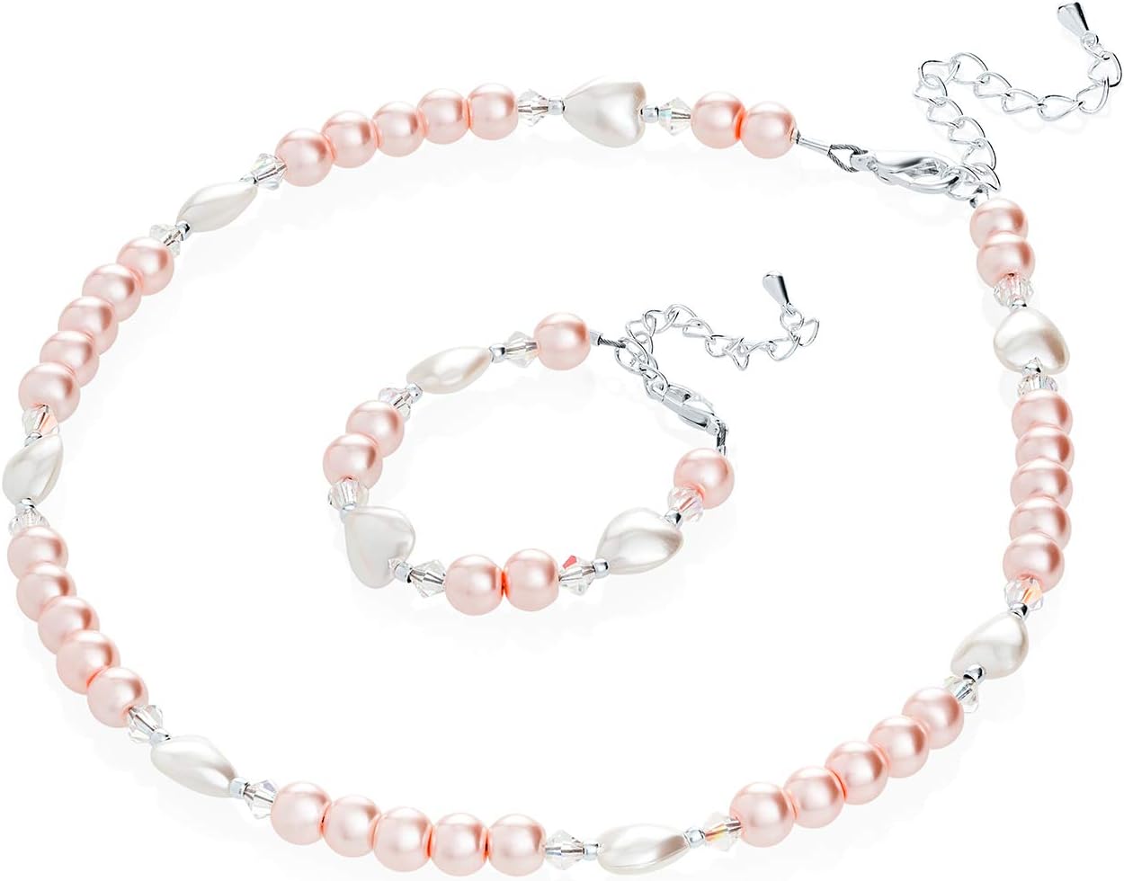 Crystal Dream Elegant Pink Simulated Pearl Heart Beads Infant Girl Necklace and Bracelet Gift Set (GSH_PW_All)