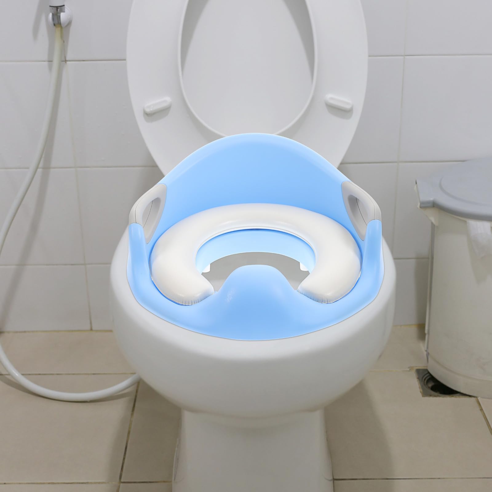 Sedile Riduttore Wc, Cuscino in PU Blu, Manici Grandi Antiscivolo, Aiuta Vasino e L’Autonomia in Bagno