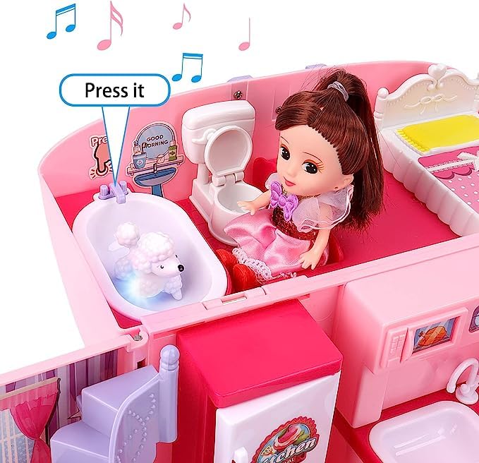 Image of 2-In-1 Light & Music Portable Pink Doll House Play Set With Carry Case And Doll Mini Doll House In A Stylish Handbag- Great Gift Dollhouse Set For Kids
