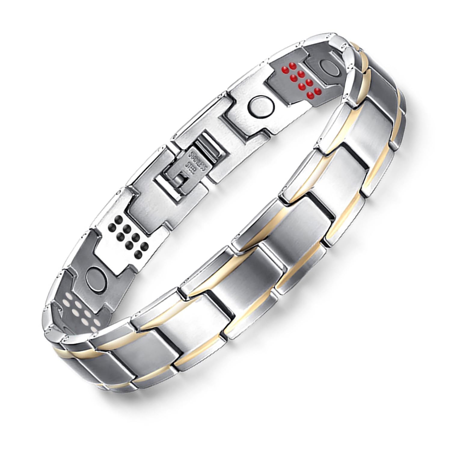 JFUME Pulseras de terapia magnética para hombres, pulsera de eslabones de acero inoxidable para hombre, 8.5 pulgadas, ajustable con herramienta de eliminación de eslabones