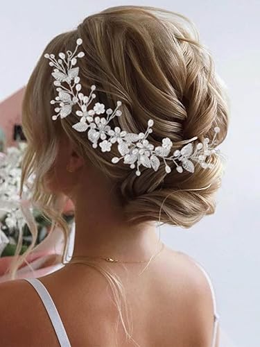 Yean Diadema de boda con perlas y flores plateadas, accesorios para el cabello, pieza de pelo de hoja para mujeres y niñas