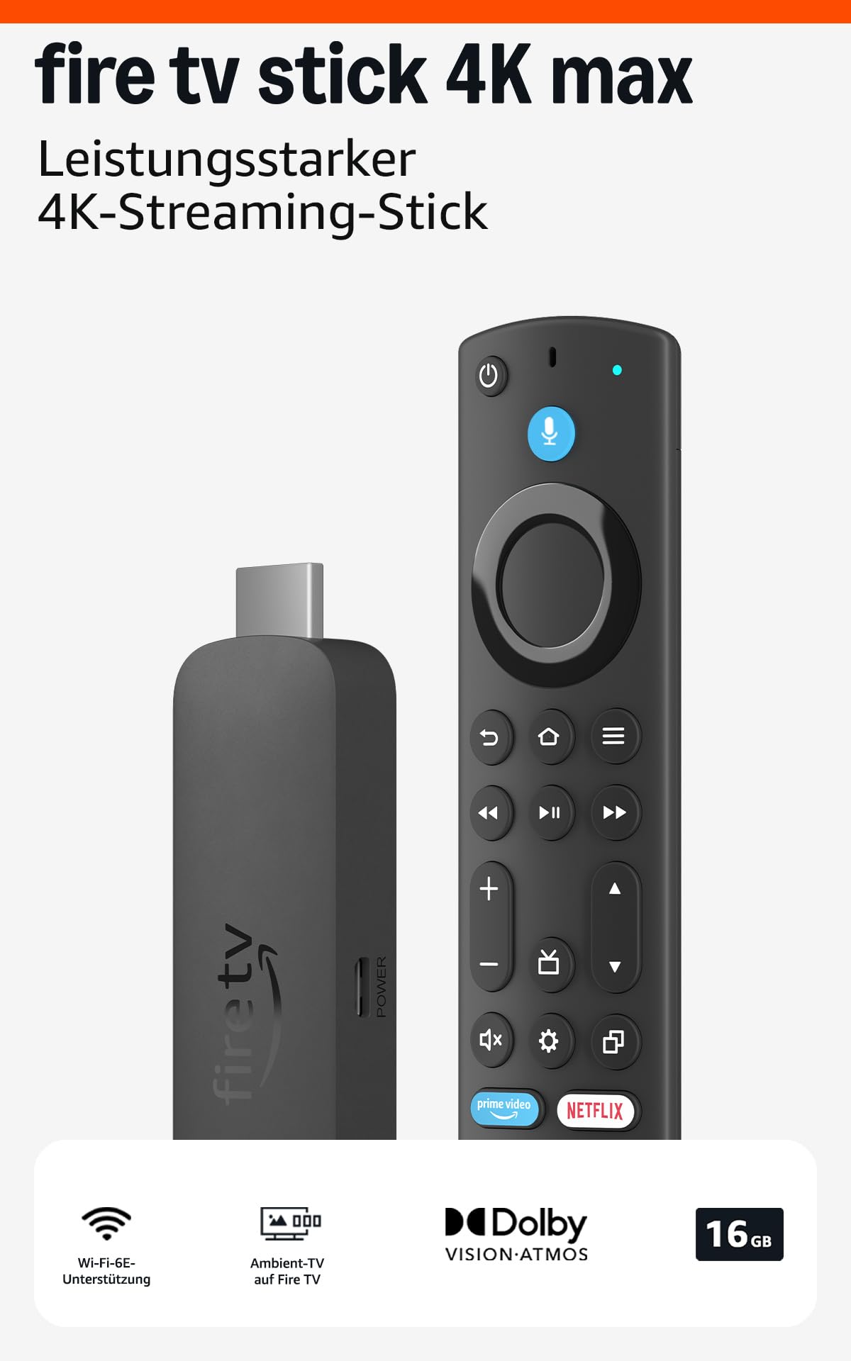 Amazon Fire TV Stick 4K Max, unterstützt Streaming über Wi-Fi 6E, Ambient-TV Amazon Fire TV Stick 4K Max Device Only