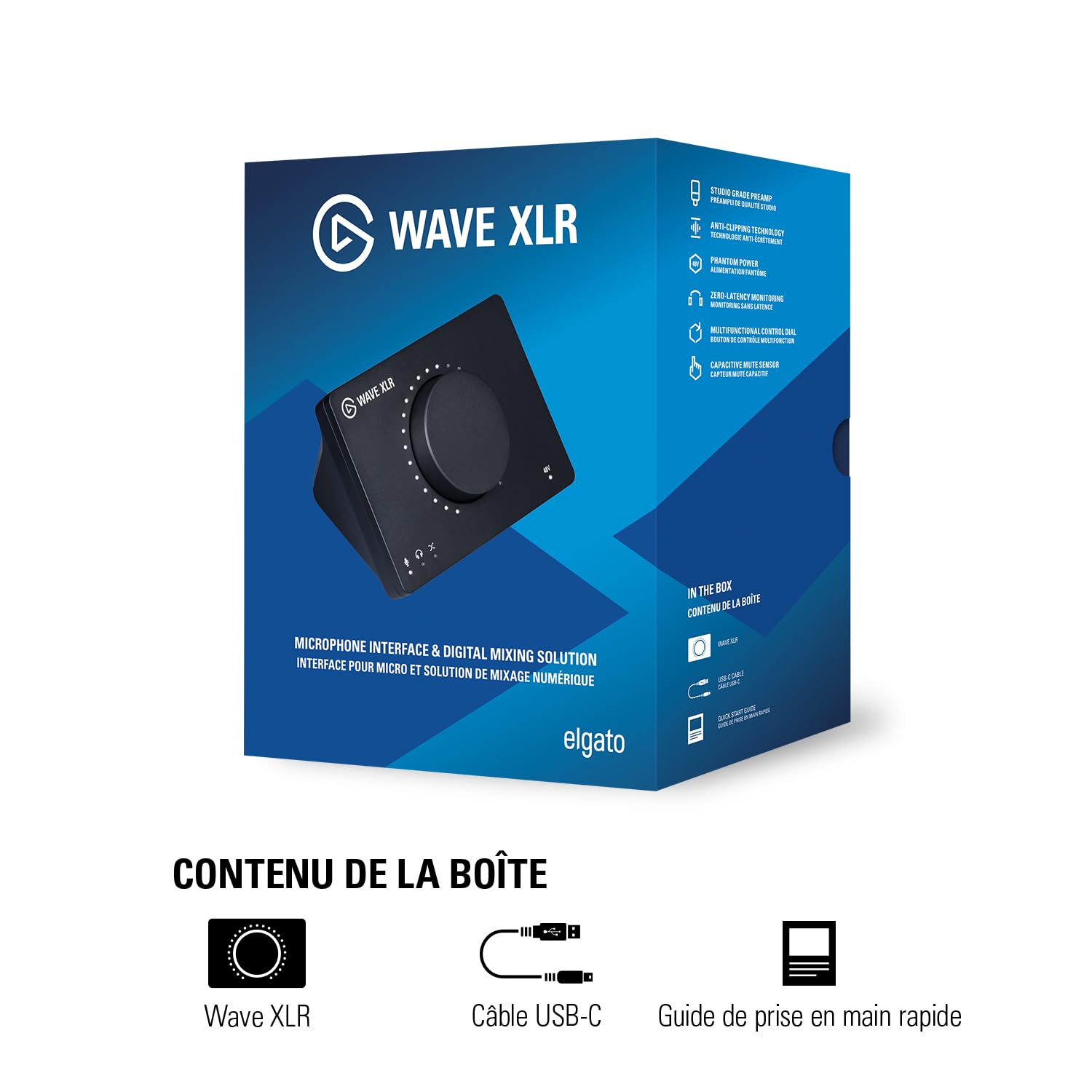 Elgato Wave XLR – Interface pour micro | XLR/USB-C, anti-écrêtement, préampli 75 dB, alimentation fantôme, monitoring direct, bouton Mute, Wave Link