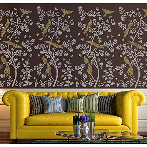 Birds and Roses Chinoiserie Wall Mural Stencil – Large Reusable Stencil for Painting Wall Mural – DIY Wallpaper Alternative for Home Decor (Large) - Thumbnail 5