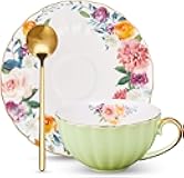 ONEUSTAR Tea Cup and Saucer Set for 1 Bone China Floral English Teacup 8 oz Coffee Cup for Women Tea Parties Birthday Christmas Gift, Light Green