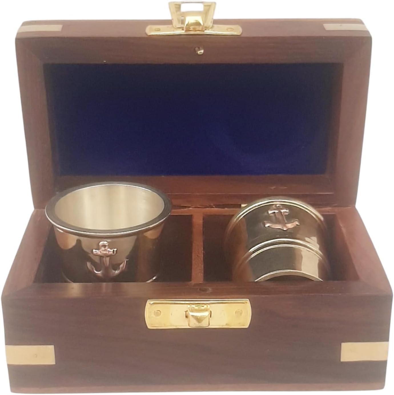 Set of 2 Shot Glass Nautical Copper Anchor Barware Unique Holiday Gift for Whiskey, Wine & Home Bar Decor Premium Storage Wooden Box Organizer Accessories House Warming Party