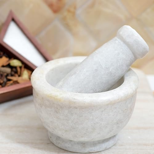 Crocon Juego de mortero y maja mármol blanco de 4 pulgadas, molinillo de especias, cuenco de hierbas para cocinar en la cocina, preparar especias,