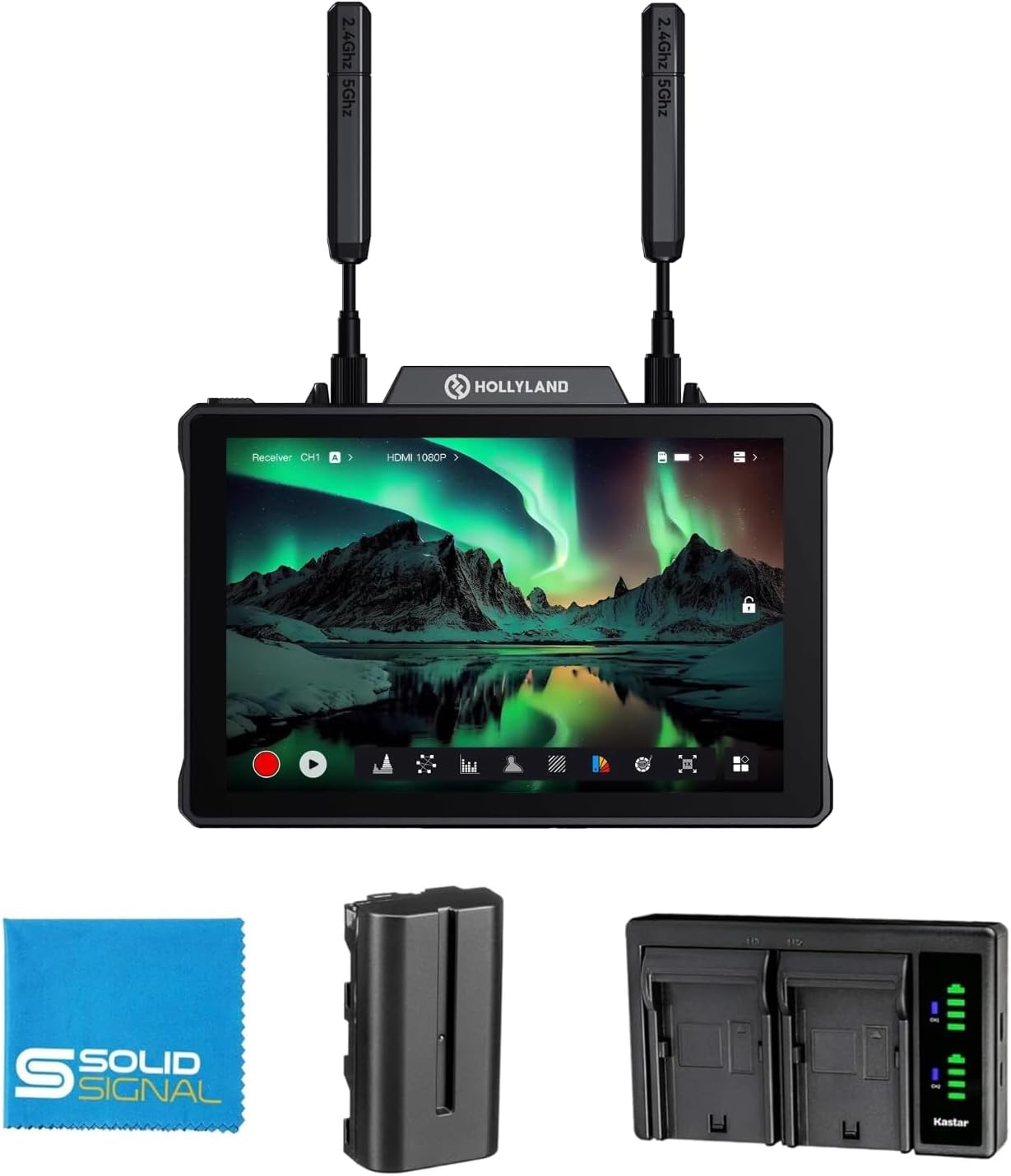 Hollyland Pyro 7 Wireless All-in-One Wireless Monitor/Receiver/Transmitter | HDMI/SDI | Up to 1300ft, Low Latency, 4K30 | Includes 1 x NPF-570 Battery, Battery Charger, and SolidSignal Cloth