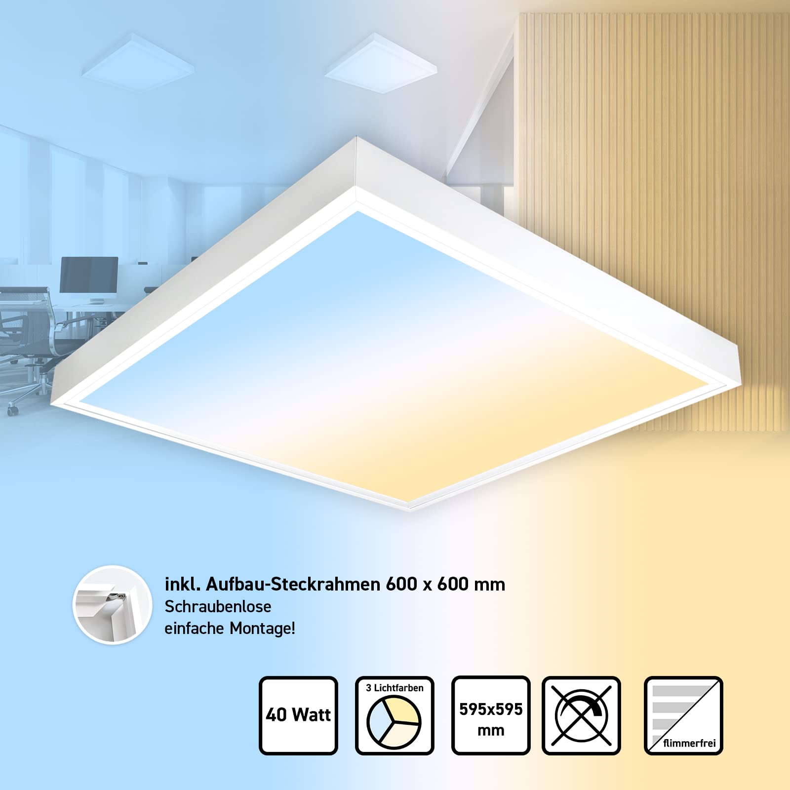 LED Panel 60x60 3CCT 3000K-4000K-6000K 4000lm 40W Steck-Aufbaurahmen