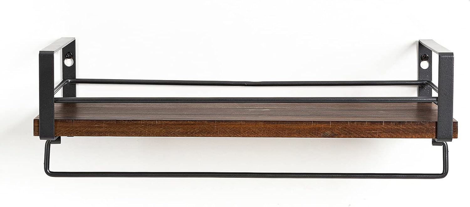 SODUKU Rustic Kitchen Wood Wall Shelf, Spice Rack Shelf with Towel Bar,Wood and Metal Floating Shelves Wall Mounted Toilet Storage Shelf for Kitchen Bathroom Bedroom Living Room Brown