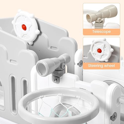 Miniatura 8 de Zona de juegos para niños pequeños 8 en 1 con tobogán, aro de baloncesto, escalador, túnel de gateo, telescopio y almacenamiento de juguetes, juego