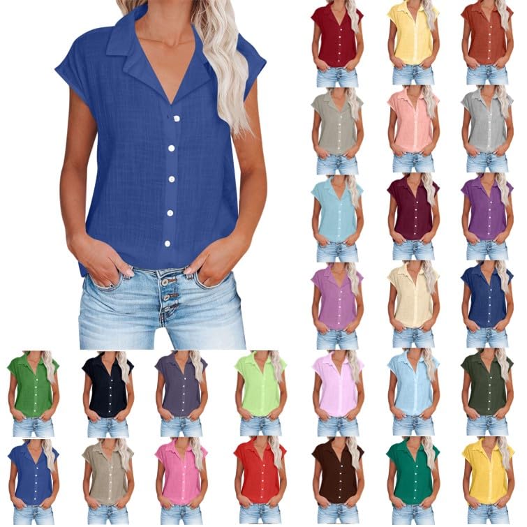 Leinenbluse Damen,Retro Einfarbig Leinenhemd Einreihiges Hemd Kurzarm Revers Hemdbluse Sommer Shirt Bequeme Blusenshirt Locker Oberteile Urlaub Strand Tunika Tops Blusen & Tuniken für Damen Hemden