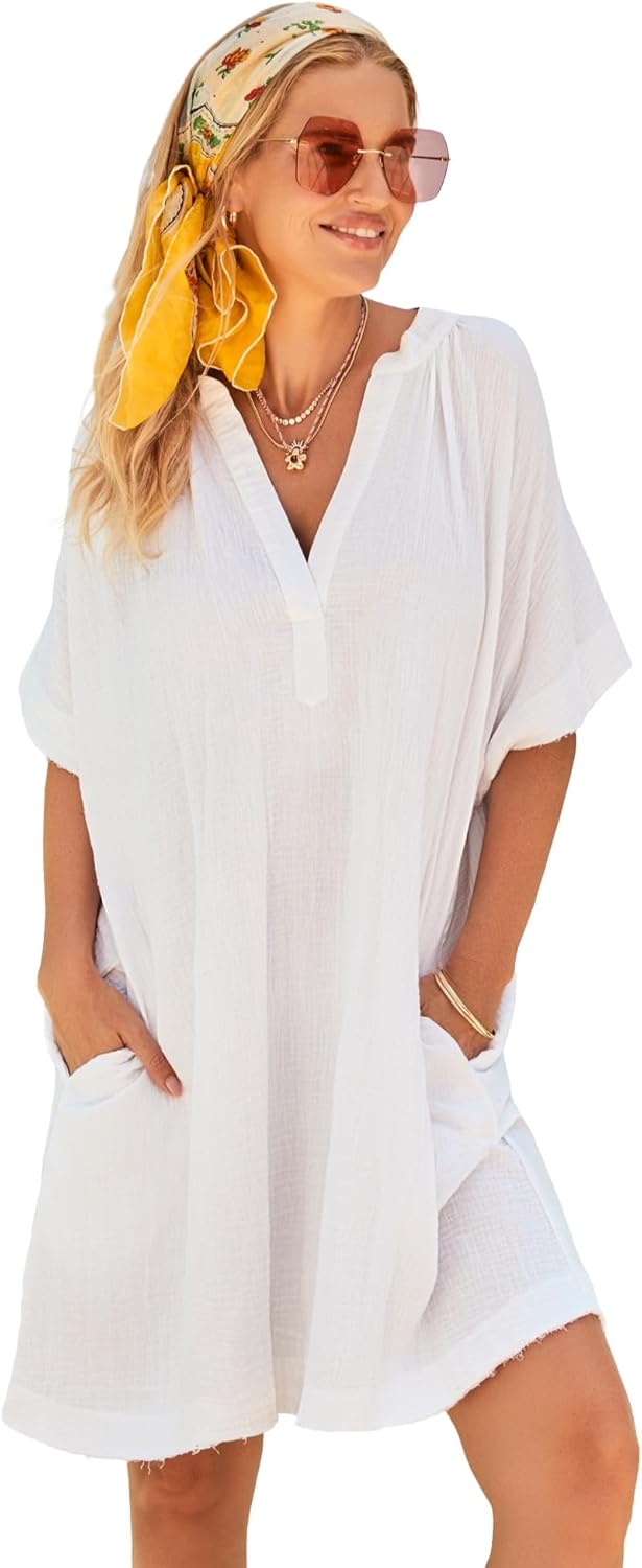 Swimsuits For All Women's Gauze V-Neck Cover Up (Plus