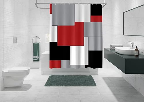 Miniatura 4 de FVPSORBAT Cortina de ducha geométrica roja accesorios de baño modernos repelentes al agua con 12 ganchos 72 x 72 pulgadas