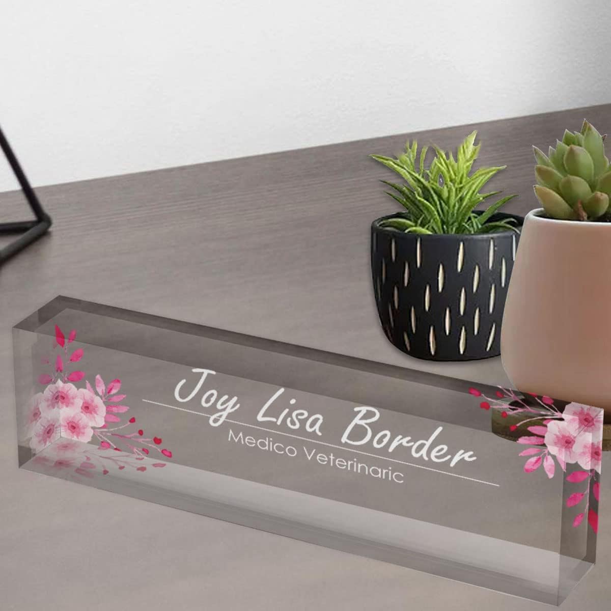 Personalised Office Desk Name Plate Custom Modern Plaque Sign Clear Glass Effect White Acrylic Base Work Home Gift for Loved Ones