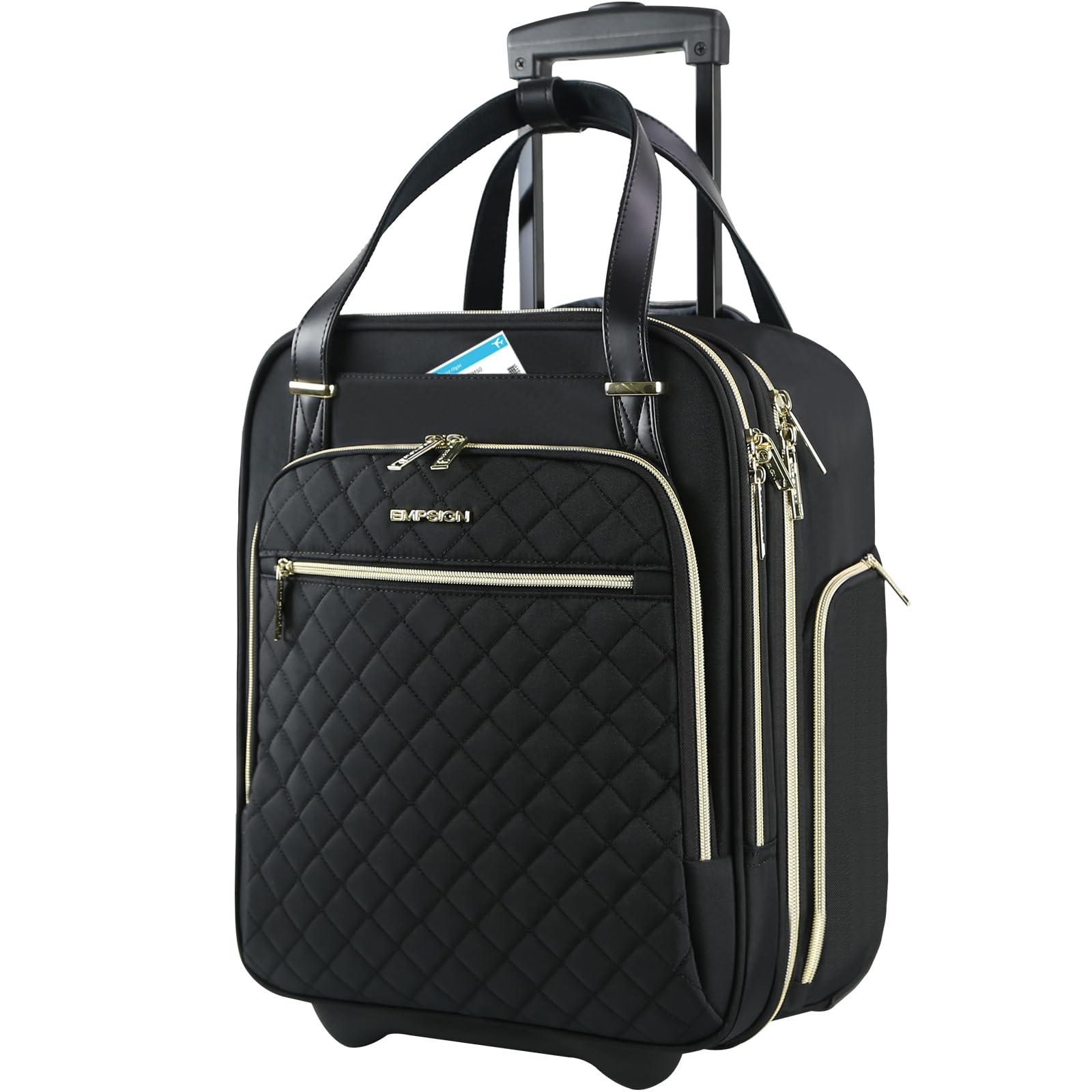 EMPSIGN Valigetta 16" Sottosedile, TSA Impermeabile Multiuso | nero con zip oro, apertura 180°, rotelle silenziose, scomparti multipli, resistente antigraffio per lavoro e weekend
