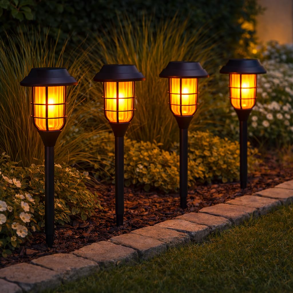 Festive Lights Black - 4 Pack Of 45Cm Realistic Flame Effect Solar Garden Stake Lights – Total Of 48 Amber Smd Leds, Ip44 Rated, Rechargeable Battery – Outdoor Lawn Border Pathway Driveway Decoration
