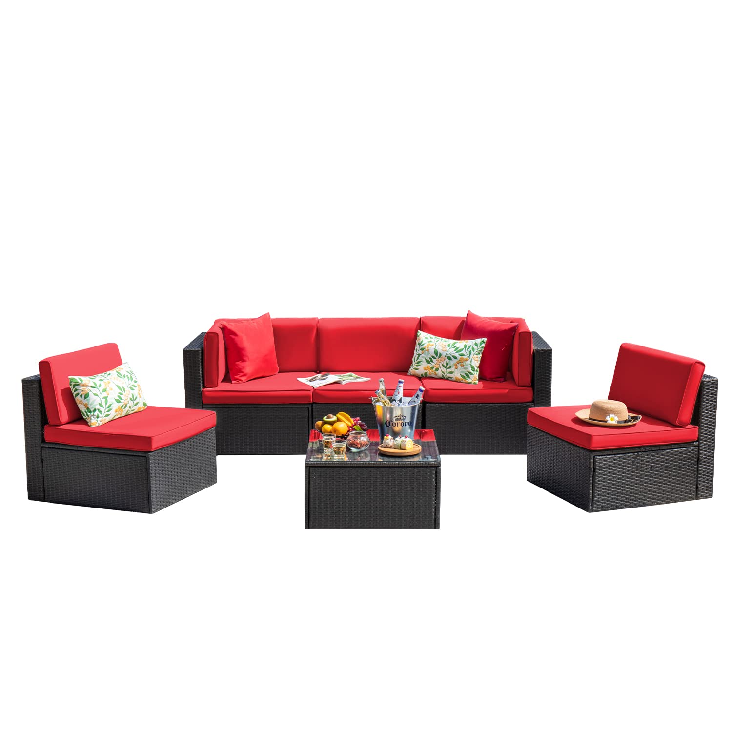 Devoko Patio Furniture Sets 6 Pieces Outdoor Sectional Rattan Sofa Manual Weaving Wicker Patio Conversation Set with Glass Table and Cushion (Red)