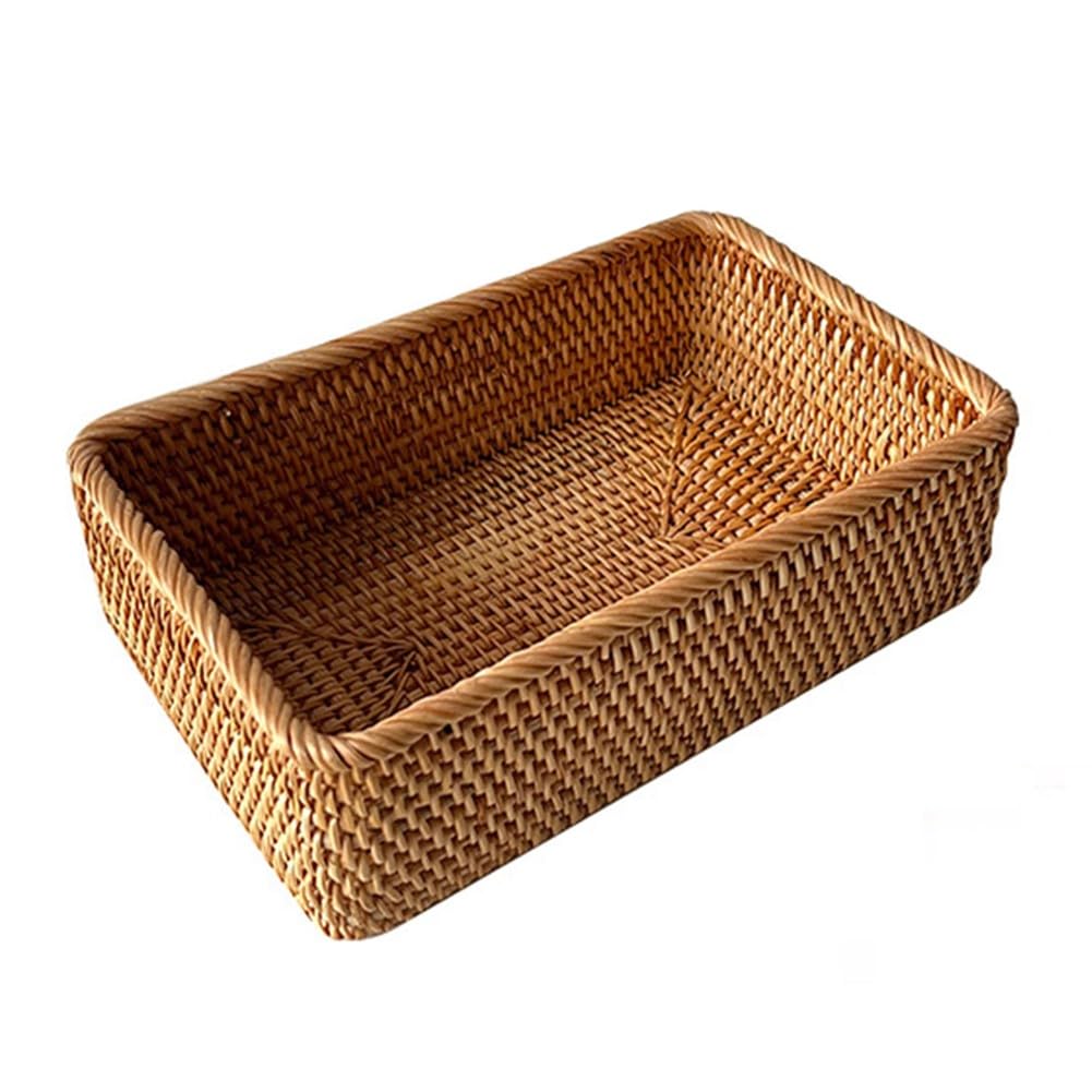 FUBESK Cesta de almacenamiento de ratán tejida a mano, placa cuadrada de frutas, organizador de escritorio, soporte de artículos diversos, decoración de cocina, oficina, amarillo, 20 x 13 x 8 cm
