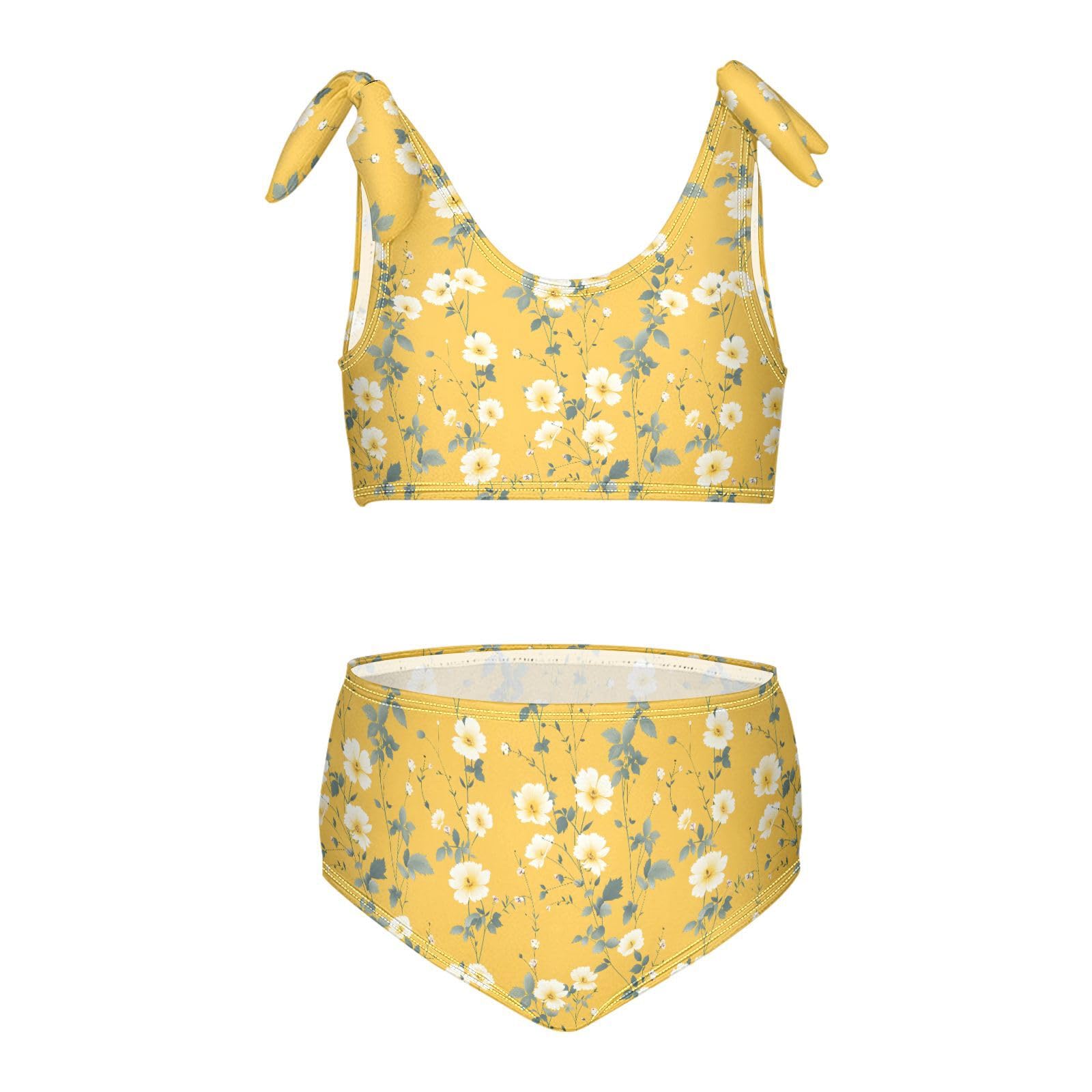 Yellow Chrysanthemum Girls Tankini Swim Set, Two Piece Swimsuits Summer Bikini Swimwear Set for Girls, 5-6T