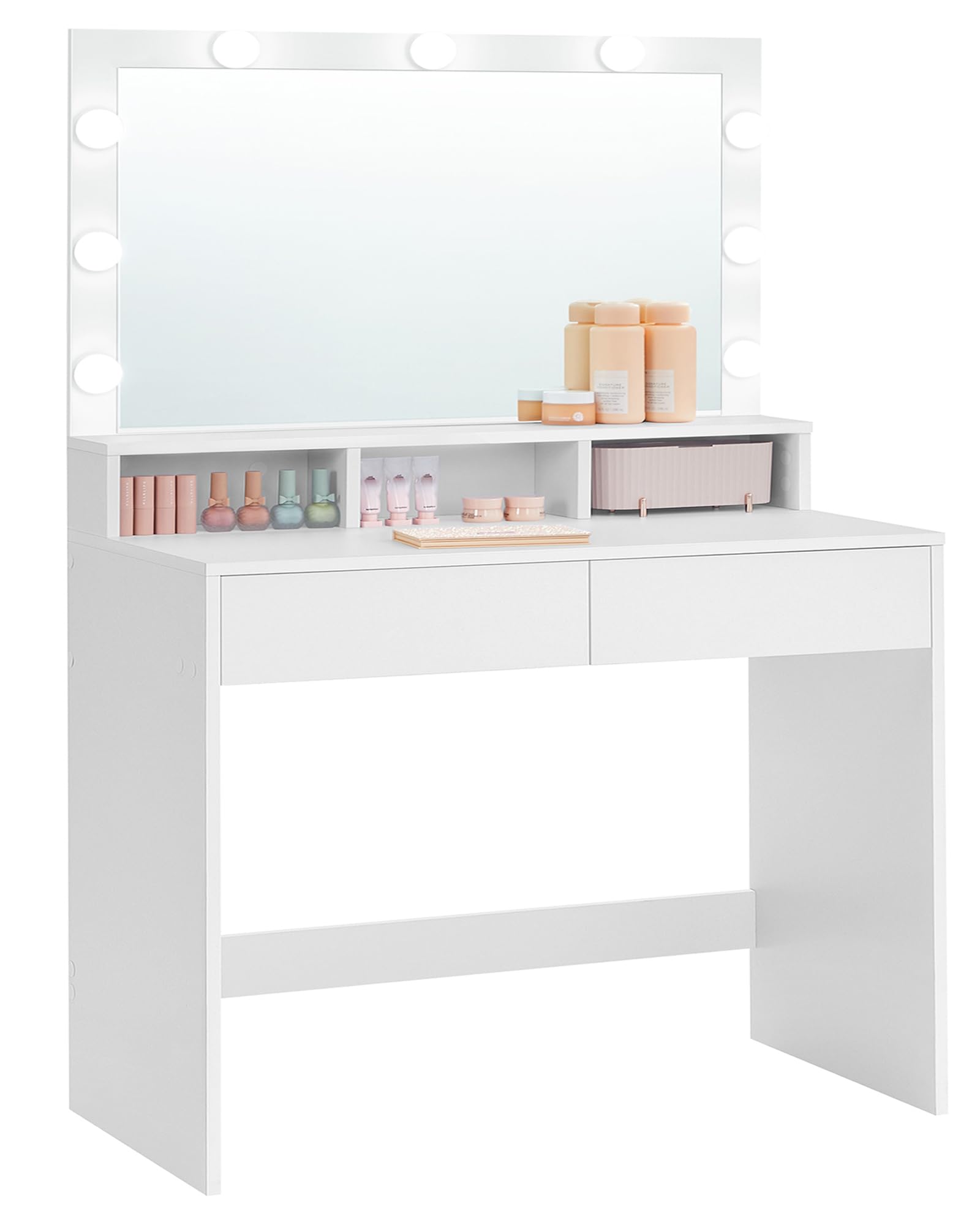 VASAGLE Tocador, Mesa de Maquillaje con Espejo y Luces LED con Brillo Ajustable, 2 Cajones y 3 Compartimentos, Moderno, Blanco Nube RDT120T10