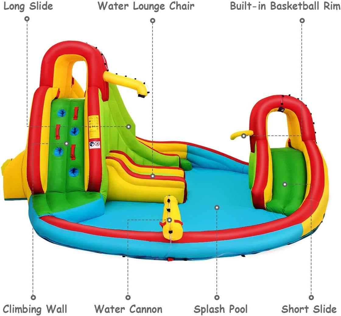 HONEY JOY Inflatable Water Slide, 7 in 1 Bouncy Inflatable Water Park w/Two Slides, Climbing Wall & Splash Pool, Hose, Water Cannons, Indoor Outdoor Blow Up Waterslides for Backyard (without Blower)