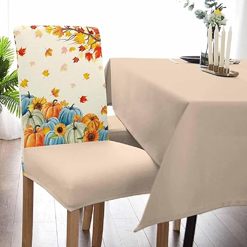 Miniatura 5 de Savannan Juego de 6 fundas para sillas de comedor, diseño de calabaza, girasol, hoja de arce, otoño, elásticas, extraíbles para sillas de cocina,