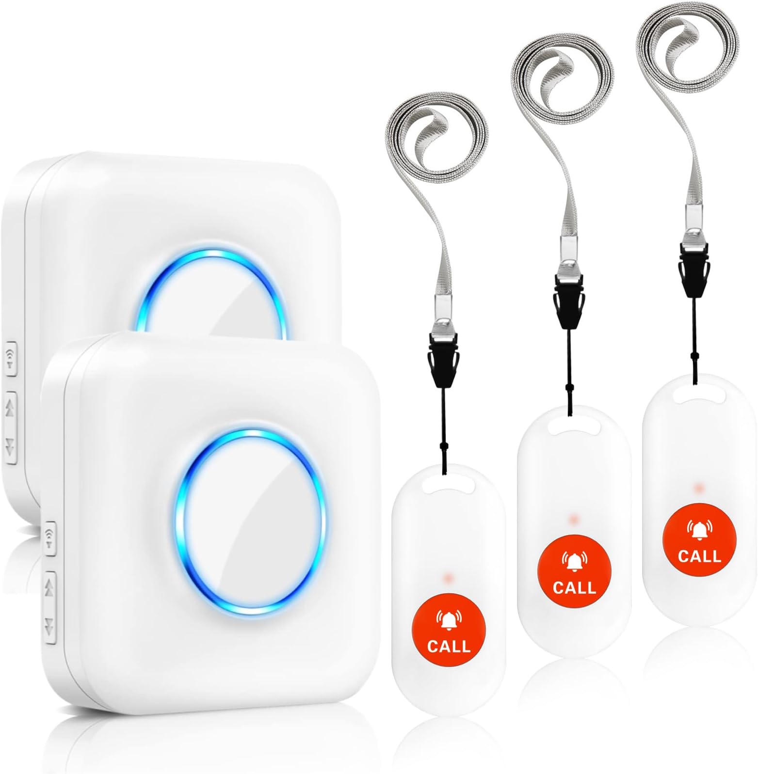 Caregiver Pager Call Button Wireless Life Alert Nurse Calling Pager Waterproof Patient SOS Button Pager System with 58 Chimes 110db Loud for Senior/Disabled (3 SOS Buttons- 2 Plug-in Receivers)