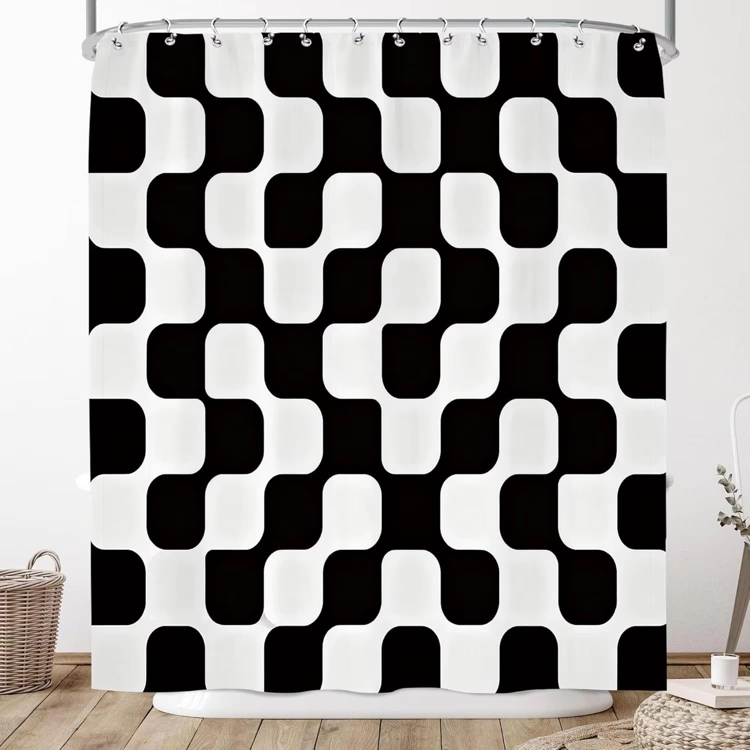 KELAIMI Black and White Mid-Century Modern Shower Curtain,Abstract Geometric Bathroom Curtains,Aesthetic Contemporary Quick-Dry Bathtub Curtains with Hooks Black 200X200Cm