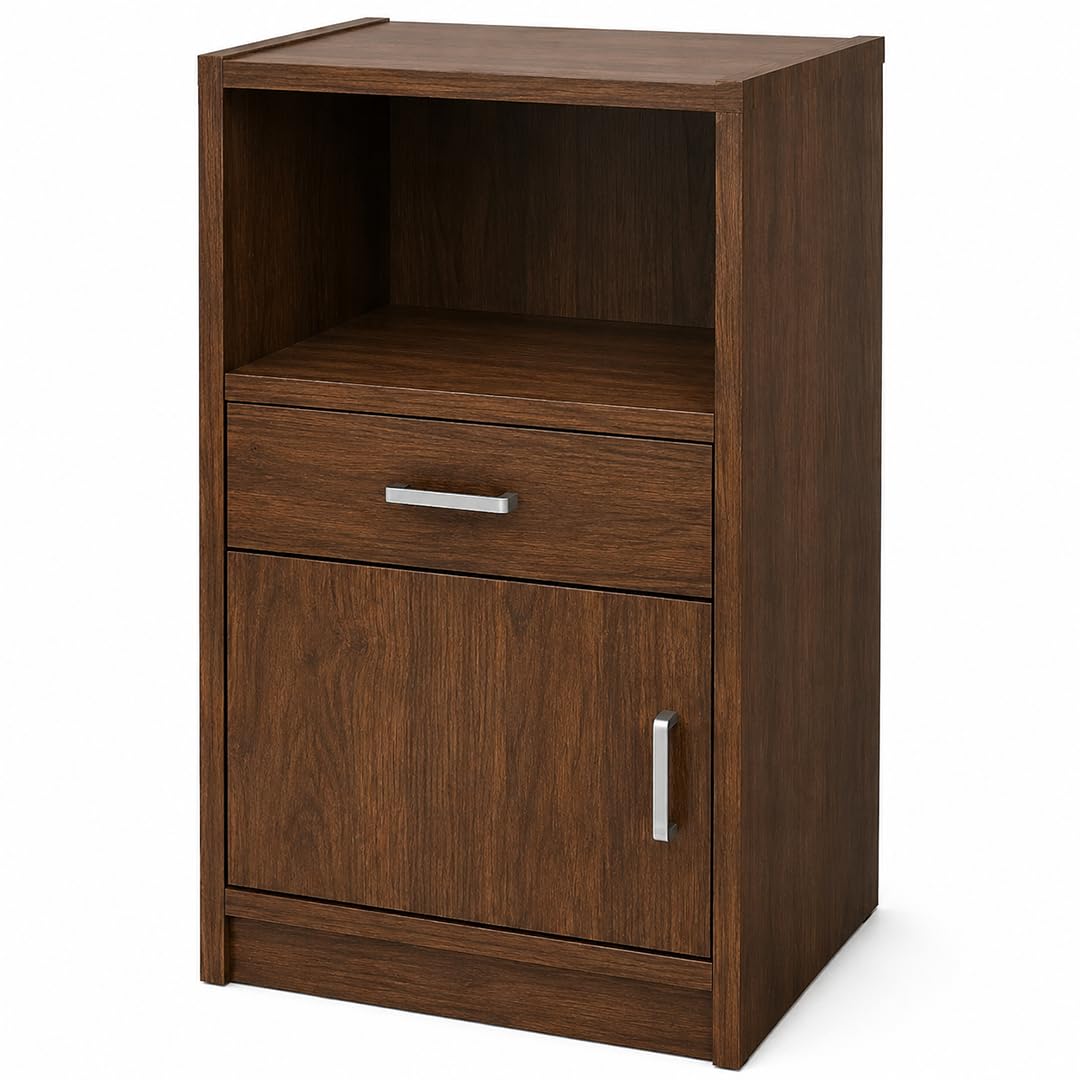 Wooden Bedside Table with Drawer & Cabinet | 28 Inch Side Table for Bedroom | Open Display Shelf, Concealed Cabinet, Engineered Particle Board, Silver-Colour Handles, 3-Zone Storage-picture-22