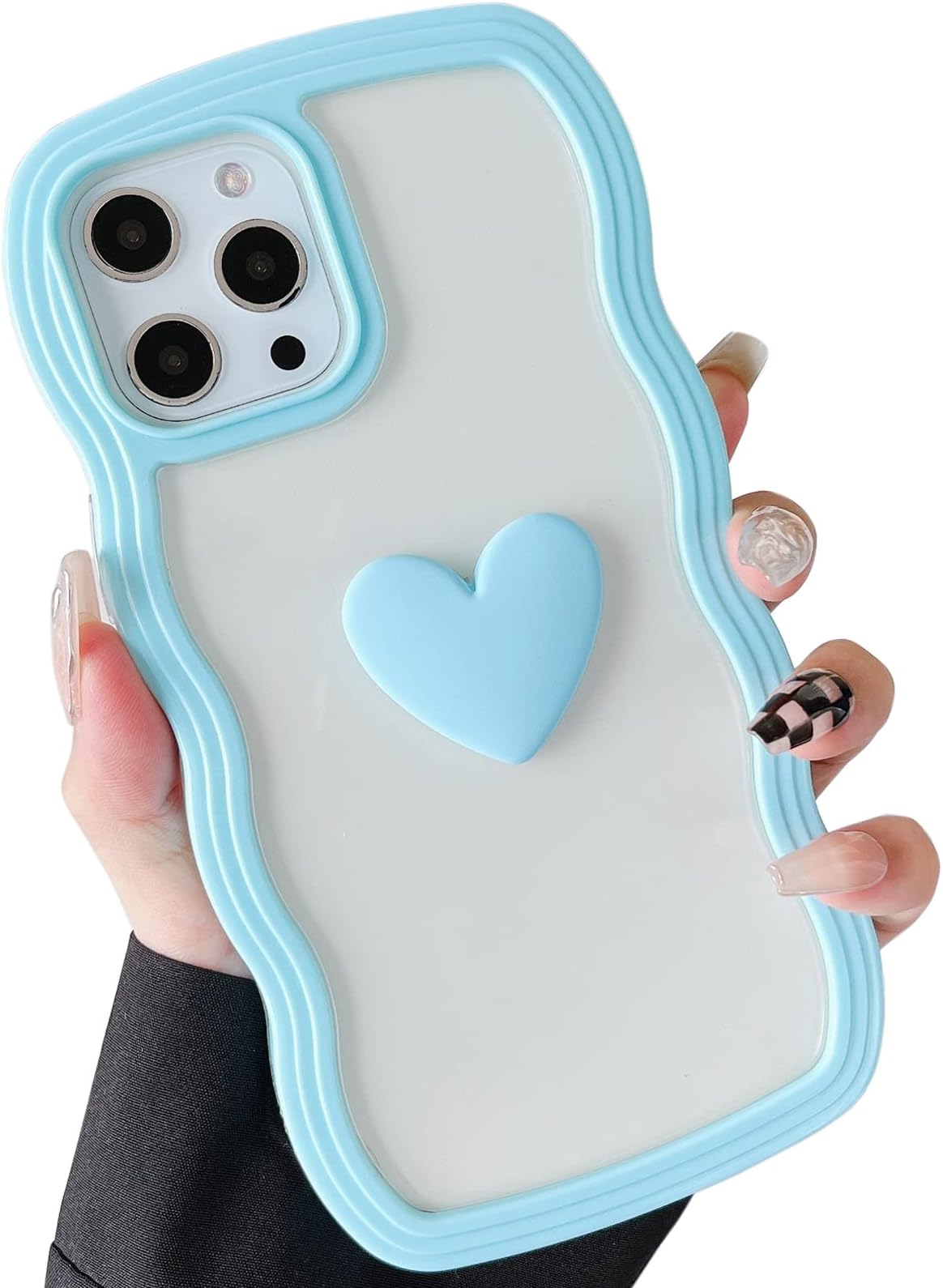 Qokey for iPhone 12 Pro Max Case(6.7" 2020), Cute Clear 3D Love Heart Wavy Frame Full Protection for iPhone 12 Pro Max 6.7" Soft TPU Shockproof Phone Cover for Women Girls,Lightblue