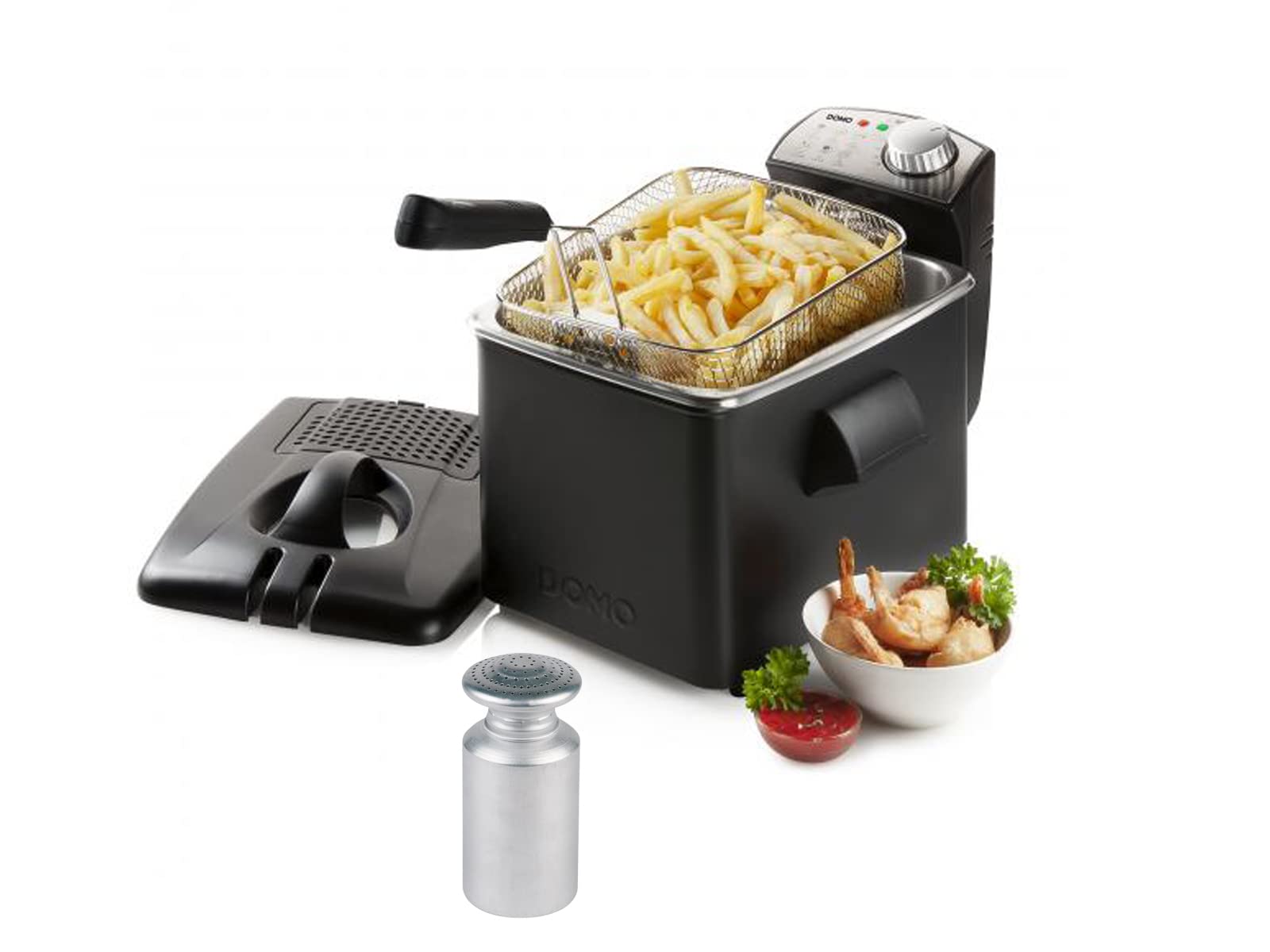 Große Kaltzonen Fritteuse Edelstahl in Schwarz, Sichtdeckel & Filter 3200Watt 4,5Ltr.