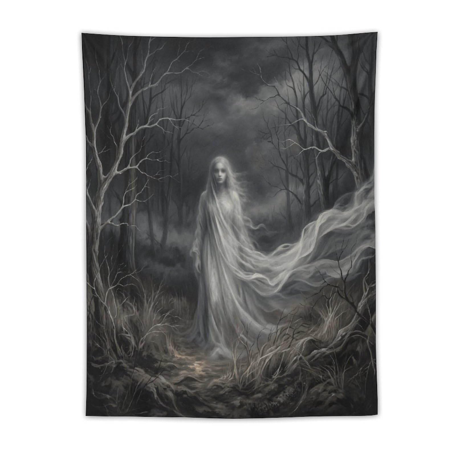 W7C8U2X3 White Ghost Dead Woods Wall Tapestry, Dark Fantasy Illustration
