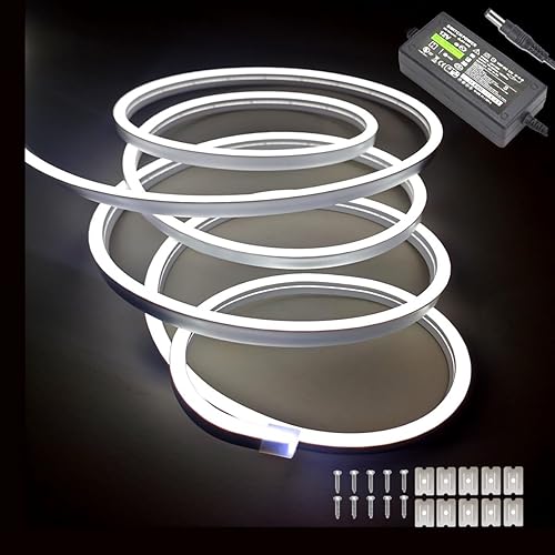 Tira de luces LED de neón blancas, 16.4 pies (5 m) 12 V CC, 600 LED SMD2835, impermeable, flexible, luz de cuerda para decoración de interiores y