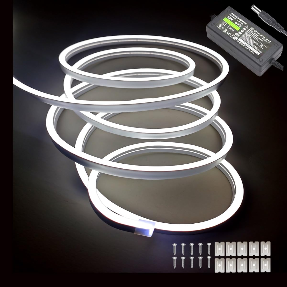 dobestyou White Neon LED Strip Lights - 16.4ft (5M) 12V DC 600 SMD2835 LEDs Waterproof Flexible Rope Light for Indoor/Outdoor Decor (Includes Power Adapter)
