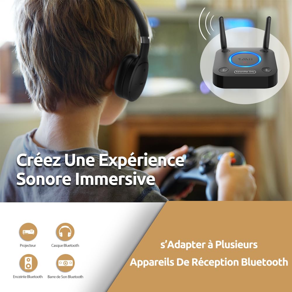 1Mii B06TX Émetteur Audio Bluetooth 5.3 pour TV, Transmetteur Adaptateur Bluetooth pour 2 Casques, aptX Faible Latence et HD, Longue Portée, Contrôle du Volume, AUX RCA Optique Coaxiale [Upgraded]