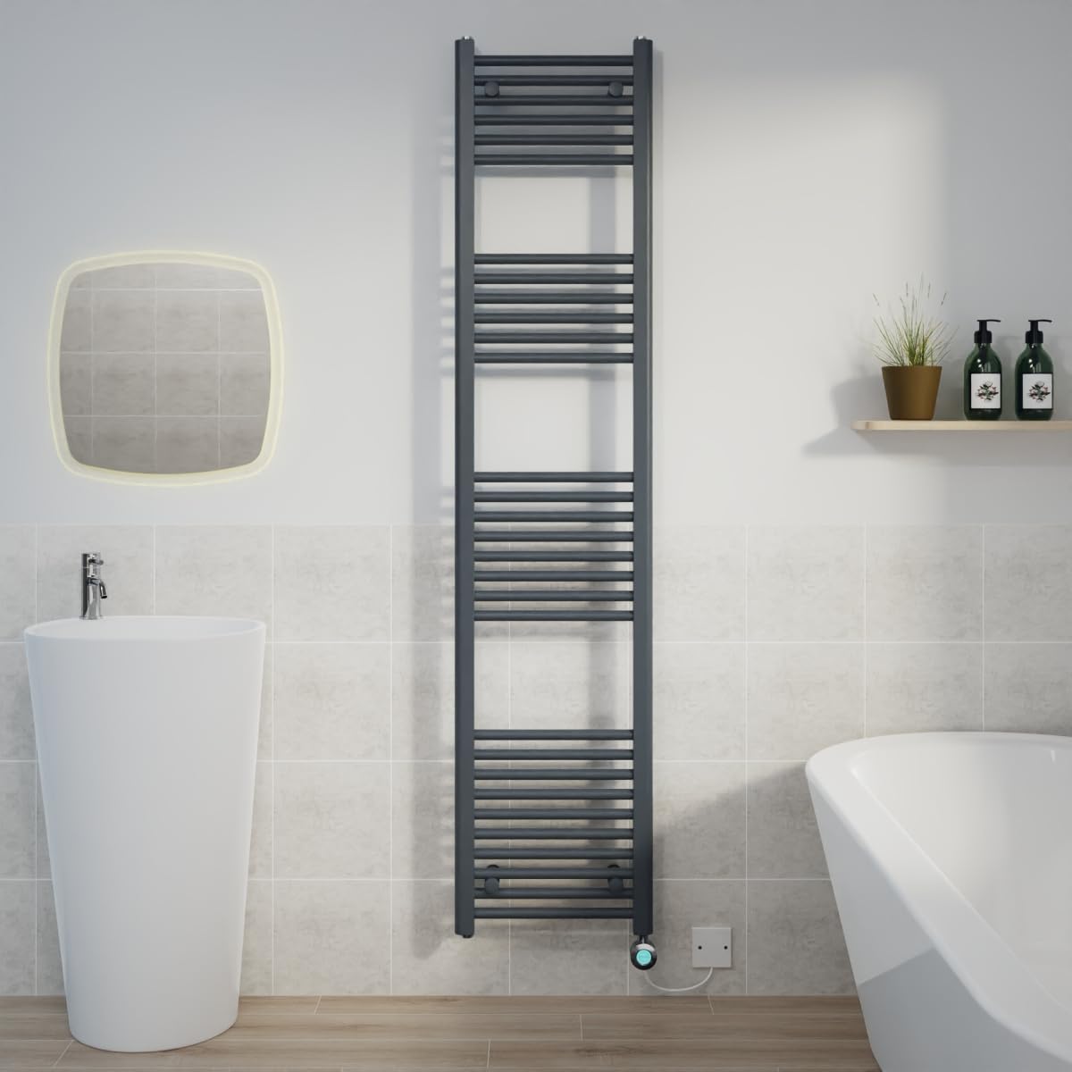 Warmehaus Prefilled 1800x400mm Straight Electric Heated Towel Rail with Timer Thermostatic Bathroom Radiator Anthracite - 800W(Chrome Heating Element) — image 1