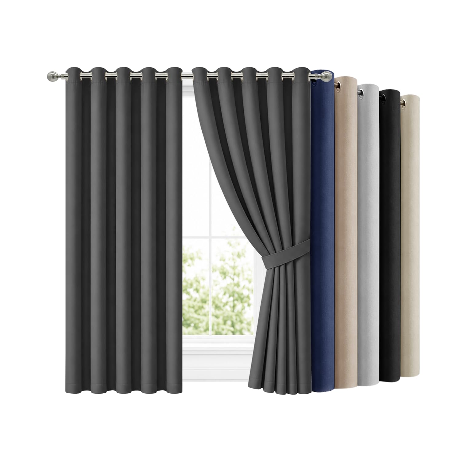 Hafaa Blackout Eyelet Curtains for Bedroom 66x72 Inch Grey Super Soft Thermal Curtains for Living Room 2 Panels Curtain and Drapes with Matching Tiebacks — image 1