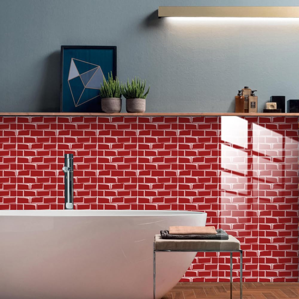 Tile Stickers， Wall Tiles Stickers, Bathroom Kitchen Waterproof Self Adhesive Tile Red 10 pcs(10 Pcs/20x20cm)