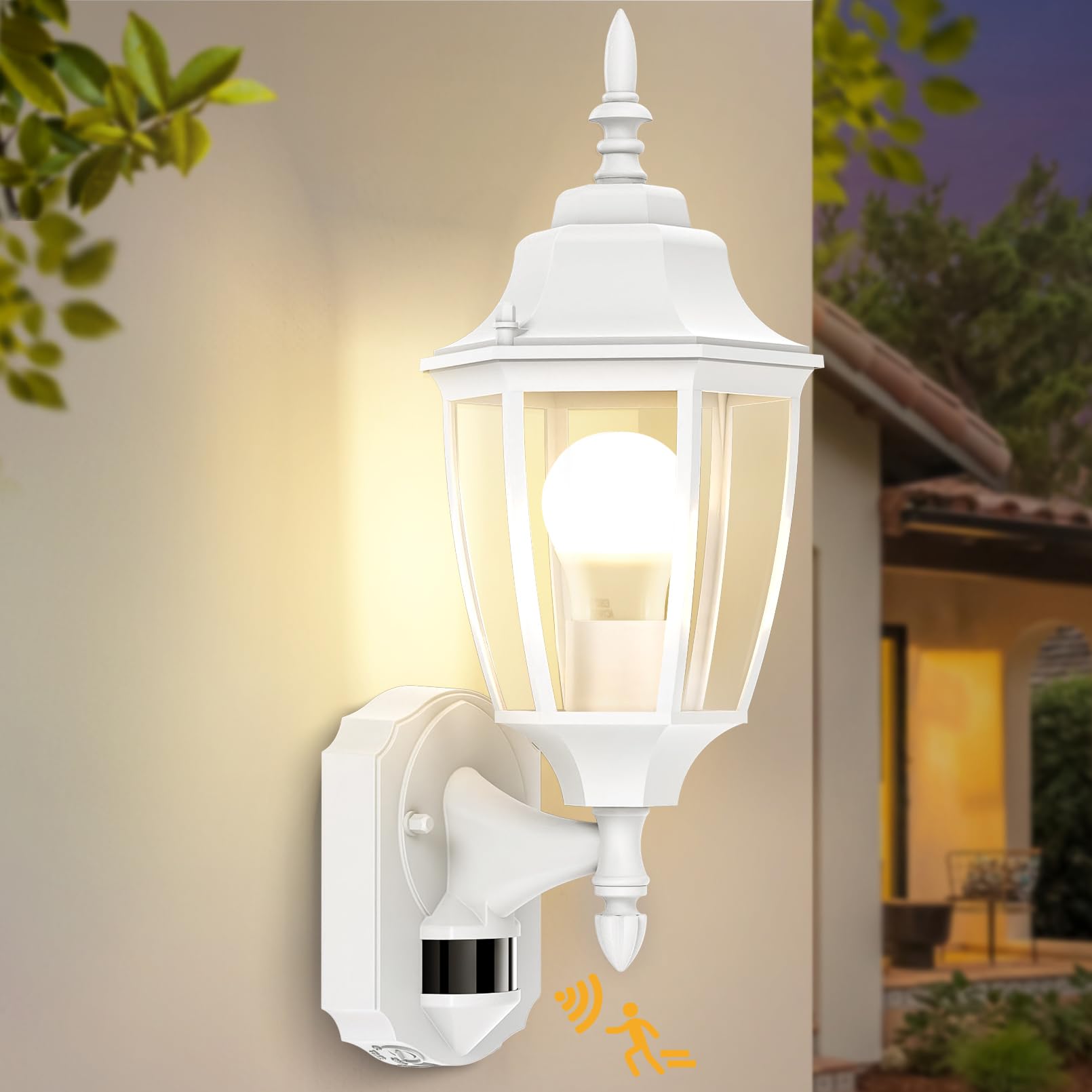 Lamomo Outdoor Wall Lights, White Outside Motion Sensor Lights Mains Powered, Waterproof Aluminium PIR Security Light Outdoor, Traditional Lamp for Porch, E27 Bulb Base — image 1